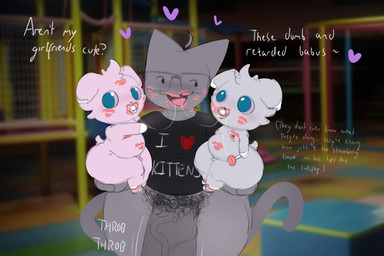 anthro big_penis eyewear female genitals glasses group huge_penis kiss_mark male male/female micropenis object_in_mouth pacifier pacifier_in_mouth penis pubes slur small_penis text trio wearing_glasses young axoarts nintendo pokemon axo_(axoarts) domestic_cat espurr felid feline felis generation_6_pokemon mammal pokemon_(species) english_text