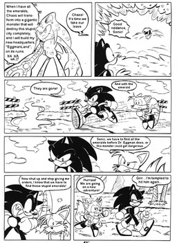 dialogue exclamation_point mismatched_arms palm_tree plant raised_tail running tail text tree water ayamepso sega sonic_adventure sonic_the_hedgehog_(series) chaos_(sonic) dr._eggman miles_prower sonic_the_hedgehog canid canine elemental_creature fox human humanoid mammal water_creature black_and_white comic english_text monochrome