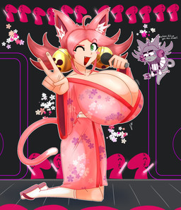 accessory animal_ears asian_clothing bell big_breasts blush bodily_fluids bottomwear breasts cat_tail cleavage clothed clothing cowlick dipstick_tail duo east_asian_clothing electronics fangs female female_humanoid floral_print footwear frilly frilly_bottomwear frilly_clothing frilly_skirt gesture glistening glistening_breasts glowstick green_eyes grey_body grey_clothing grey_hair hair hair_accessory hand_gesture holding_microphone holding_object holding_staff huge_breasts japanese_clothing kimono kneeling larger_female larger_humanoid long_sleeves long_socks looking_at_breasts markings microphone open_mouth open_smile pink_clothing sandals shake_lines shoes size_difference skirt smaller_female smaller_humanoid smile speaker staff stage sweat tail tail_markings tan_body teeth tied_hair v_sign white_clothing acubedpersonoid deltarune undertale_(series) dummy_(undertale) mad_mew_mew mew_mew_(undertale) pink_(deltarune) animal_humanoid felid felid_humanoid feline feline_humanoid humanoid inanimate_object mammal mammal_humanoid spirit 2026 digital_drawing_(artwork) digital_media_(artwork) hi_res
