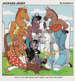 anthro bottomwear breasts brown_body cleavage clothed clothing denim denim_bottomwear denim_clothing dress female female/female grey_body group hooves horse_tail jacket jeans kiss_mark leather leather_clothing leather_jacket leather_topwear lipstick makeup mane missing_tooth outside pants polkadots shy shy_smile size_difference tail tail_tuft text topwear tuft vintage white_body kettlebird jackass_jenny asinus donkey equid equine horse mammal absurd_res english_text hi_res