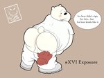 ambiguous_gender anthro backsack balls bear big_butt blush butt camcroc cartoon_network clothing dialogue disembodied_hand duo english_text exposed fur genitals hi_res ice_bear_(we_bare_bears) looking_back male male/ambiguous mammal overweight overweight_anthro overweight_male polar_bear slightly_chubby solo_focus text undressing ursine we_bare_bears white_body white_fur