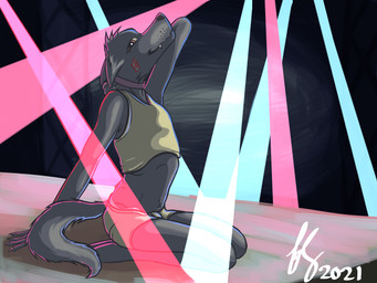 anthro clothed clothing collar happy inside kneeling lights looking_at_viewer male partially_clothed scar skimpy solo stage stage_lights stretching strip_club furry_soren soren_(furry_soren) canid canine canis mammal wolf 2021 4:3 absurd_res digital_media_(artwork) hi_res