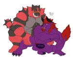 anthro balls behemoth_(final_fantasy) bodily_fluids claws crouching dripping duo final_fantasy from_behind_position generation_7_pokemon genital_fluids genitals hi_res humanoid_genitalia humanoid_penis incineroar lars_(lars_behe) male male/male muscular nintendo open_mouth open_smile penis pokemon pokemon_(species) precum precum_drip sex seyrmo smile square_enix