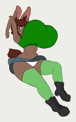 anthro big_breasts biped boots bottomwear breasts brown_body brown_fur brown_hair clothed clothing female footwear fur furgonomics grey_background hair huge_breasts legwear open_mouth panties shirt shoes simple_background skirt solo tail tail_through_skirt topwear underwear angstrom lagomorph leporid mammal rabbit 2019 character_request digital_media_(artwork) hi_res