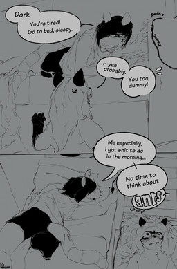 anthro aroused blush dialogue duo embarrassed furniture male male/male profanity slice_of_life sofa speech_bubble teasing text jibjoblemeza american_opossum mammal marsupial virginia_opossum comic english_text hi_res monochrome