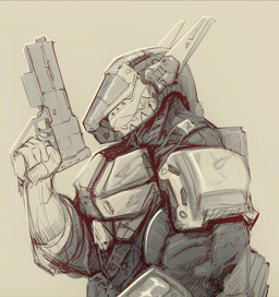 anthro armor biceps body_armor bodysuit clothing female gun headgear helmet holding_object muscular muscular_arms muscular_female ranged_weapon skinsuit solo tight_clothing weapon rizzyofen azure_hastel aquatic fish requiem_shark shark hi_res sketch