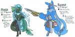 2019 4_fingers 5_fingers anthro armor blue_body blue_skin blush bodily_fluids bottle breasts canid canine claws clothing container digital_media_(artwork) duo ear_fins english_text featureless_breasts featureless_crotch female fin fingers fox gem glowing green_hair hair holding_melee_weapon holding_object holding_sword holding_weapon jinti_(artist) kili_(kilinah) male mammal marine melee_weapon membrane_(anatomy) merfolk miren scalie scarf split_form standing sweat sweatdrop sword text translucent translucent_clothing water weapon webbed_hands