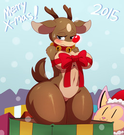 :3 anthro antlers bdsm bell big_breasts blush bodily_fluids bondage bottomless bound bow_(feature) bow_knot bow_ribbon breasts clothed clothing collar crossgender curvy_figure duo embarrassed female genitals gift_wrapped glowing glowing_nose holidays horn huge_hips looking_at_viewer mostly_nude mtf_crossgender navel red_bow red_ribbon restrained ribbon_bondage ribbons shy sweat sweatdrop text thick_thighs voluptuous voluptuous_anthro voluptuous_female vulva wide_hips sssonic2 christmas noodle_(sssonic2) rudolph_the_red-nosed_reindeer deer felid mammal new_world_deer reindeer 2015 digital_media_(artwork) english_text hi_res