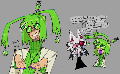 accessory anthro clothing coat cross cross_necklace duo ear_piercing ear_ring eyewear glasses green_hair grey_background grin hair hair_accessory hairclip jewelry lab_coat long_ears male necklace paws piercing ring_piercing round_glasses simple_background smile sweater syringe text topwear turtleneck wearing_glasses btascandalist beef_(btascandalist) animal_humanoid canid canid_humanoid canine canine_humanoid dog_humanoid humanoid mammal mammal_humanoid english_text nonbinary_(lore)