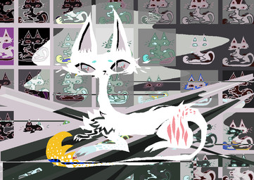 abstract_background ambiguous_feral ambiguous_gender feral fur lying on_front pink_sclera solo surrealism tail tail_tuft tuft white_body white_fur white_tail naircat domestic_cat felid feline felis mammal 2017 digital_drawing_(artwork) digital_media_(artwork) microsoft_paint_(artwork)