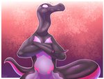 ambiguous_gender anthro black_body bodily_fluids long_neck markings purple_sclera solo sweat jackolen nintendo pokemon generation_7_pokemon pokemon_(species) salazzle 2021 hi_res