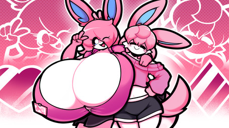 5_fingers ambiguous_gender anthro big_breasts biped black_clothing blush blush_lines bottomwear breasts cheek_tuft cleavage clothed clothing duo eye_through_hair eyelashes eyes_closed facial_tuft female fingers front_view fully_clothed gesture gloves_(marking) hair hand_gesture hand_on_hip hand_on_shoulder huge_breasts hyper hyper_breasts looking_at_viewer markings multicolored_body one_eye_closed open_mouth pink_clothing pink_ears pink_hair pink_tail shorts standing sweater tail thick_thighs tongue topwear translucent translucent_hair tuft two_tone_body v_sign white_body white_eyes wide_hips dewbber nintendo pokemon selene_(itsawulf) eeveelution generation_6_pokemon pokemon_(species) sylveon 16:9 2025 digital_drawing_(artwork) digital_media_(artwork) hi_res widescreen