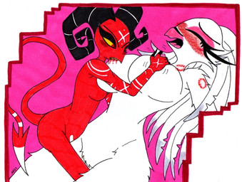 anthro beak bite bite_mark blood blush bodily_fluids breast_grab breasts claws duo eyes_closed fangs feathers female female/female fur hair hand_on_breast horn interspecies looking_pleasured love mature_female nipples nude open_mouth red_body red_eyes romantic romantic_couple simple_background teeth tongue white_background white_body white_feathers skeleslay hellaverse helluva_boss barbie_wire stella_(helluva_boss) avian demon humanoid imp hi_res