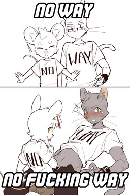 anthro blush clothed clothing duo fur grey_body grey_fur larger_sub looking_at_viewer male simple_background size_difference submissive white_body white_fur shoko_contane mao_sugiuri mizune_kobayashi domestic_cat felid feline felis mammal mouse murid murine rodent hi_res