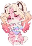 anthro blonde_hair blue_bottomwear blue_clothing blue_topwear bottomwear chibi clothed clothing eyelashes eyes_closed female front_view fur gradient_hair hair markings multicolored_hair open_mouth pink_body pink_fur pink_hair simple_background solo spots spotted_arms spotted_legs spotted_markings spotted_tail standing striped_arms striped_markings striped_tail stripes tail tail_markings topwear two_tone_hair white_background white_body white_fur tiggybloom marzipan_(spottedtigress) felid mammal pantherine tiger 2022 full-length_portrait portrait