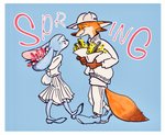 anthro border clothed clothing duo eyes_closed flower fully_clothed fur hat headgear headwear holding_object orange_body orange_fur pattern_background plant simple_background smile striped_background white_border strawberry628_(artist) disney zootopia judy_hopps nick_wilde canid canine fox lagomorph leporid mammal rabbit red_fox true_fox 2020