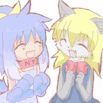 :3 anthro blonde_hair blue_body blue_clothing blue_dress blue_fur blue_hair clothing collar dress duo female fur grey_body grey_fur hair open_mouth red_ribbon ribbons simple_background smile white_background white_face yellow_ribbon young young_anthro young_female unknown_artist futaba_channel os-tan akuma_gaoru inu-t canid canine canis domestic_dog humanoid mammal 1:1 digital_media_(artwork) low_res oekaki