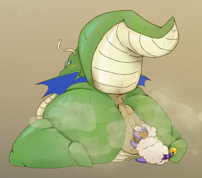 1_horn ambiguous/ambiguous ambiguous_gender animal_genitalia antennae_(anatomy) anthro anus belly big_anus big_butt black_stripes blue_body blue_eyes blue_membrane blush bodily_fluids butt duo extreme_size_difference eyewear eyewear_on_head featureless_feet feet feral fur gaping gaping_anus genital_slit genitals glasses glistening glistening_butt glistening_thighs goggles goggles_on_head green_body green_butt green_scales green_tail hooves horn huge_anus huge_butt hyper hyper_anus hyper_butt looking_back markings membrane_(anatomy) membranous_wings micro open_mouth overweight overweight_ambiguous overweight_anthro pink_blush pink_tongue puffy_anus raised_tail scales simple_background sitting size_difference spread_anus spreading steam striped_markings striped_tail stripes sweat sweaty_butt sweaty_legs sweaty_tail tail tail_markings tan_antennae tan_anus tan_background tan_belly tan_body tan_scales tan_tail text thick_thighs tongue tongue_out wearing_glasses white_body white_fur white_wool wings wool_(fur) tnfdarent nintendo pokemon dusty_(motherfan31) dragonite generation_1_pokemon generation_2_pokemon mareep pokemon_(species) 2026 artist_name digital_drawing_(artwork) digital_media_(artwork) hi_res signature watermark male_(lore)