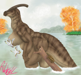 anthro beak breasts convenient_censorship female log nature nature_background non-mammal_breasts nude scales shell solo swamp tail wood ray_vantrell pangaea_(upai) adocus avian broavis dinosaur hadrosaurid ornithischian ornithopod parasaurolophus prehistoric_species reptile scalie turtle 2025 hi_res signature