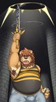 anthro armpit_hair belly body_hair bottomwear brown_body brown_fur bulge clothing fur humanoid_hands kemono male melee_weapon overweight overweight_anthro overweight_male pants shirt solo sword topwear weapon gapao ross_(rossciaco) felid lion mammal pantherine 2021 hi_res