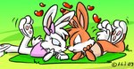 accessory blush bow_ribbon clothing cotton_tail dress duo female fur grass hair_accessory hair_bow hair_ribbon lying male on_front orange_body orange_fur outside pink_clothing pink_dress plant ribbons semi-anthro smile tail white_body white_fur andybunny andy_(andybunny) mimi_(andybunny) lagomorph leporid mammal rabbit 2009