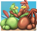 2024 absurd_res anthro avian backsack balls big_butt bird brick_break_after_dark bubble_butt butt chicken disney duo galliform gallus_(genus) genitals hi_res holding_another huge_butt jose_carioca looking_at_viewer looking_back looking_back_at_viewer male male/male open_mouth panchito_pistoles parrot phasianid presenting presenting_hindquarters rear_view sitting smile the_three_caballeros