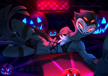 anthro beak biped black_clothing black_lingerie bra bulge camera_view chest_tuft clothed clothing crossdressing feathers femboy fingers food fruit fur grey_body grey_feathers holidays leggings legwear light lingerie looking_at_viewer male partially_clothed plant pumpkin red_eyes smile solo tail tail_feathers torn_clothing tuft underwear skeleion halloween hellaverse helluva_boss stolas_(helluva_boss) avian bird demon monster owl 2020 digital_media_(artwork) lighting