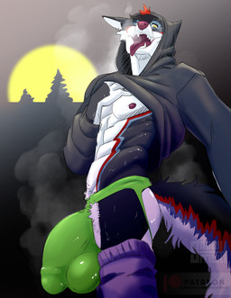 abs anthro balls big_balls big_penis bodily_fluids bulge butt clothing genitals hoodie jockstrap male morning muscular muscular_anthro muscular_male nipples obliques penis railed_hoodie solo sunrise sweat teeth topwear underwear snowmutt meeper canid canine canis mammal wolf absurd_res hi_res