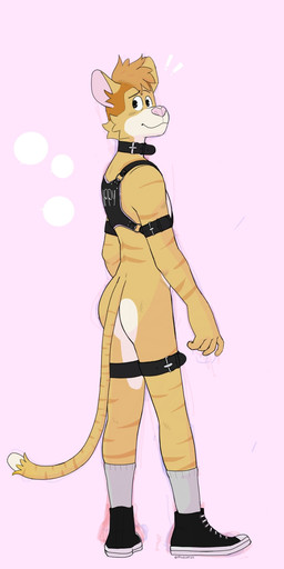 5_fingers anthro blush butt clothed clothing collar exclamation_point fingers footwear fur harness looking_back male male_anthro mohawk mostly_nude_anthro mostly_nude_male pink_nose pup_gear shoes side_view smile sneakers snout socks striped_body striped_fur stripes tail tan_body tan_fur thigh_strap whisker_spots white_body white_fur p_rindustries chuck_(p_rindustries) domestic_cat felid feline felis mammal guide_lines hi_res signature