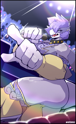 5_fingers anthro anthrofied balls_outline big_breasts big_butt big_hands biped black_border black_outline blue_eyes border breasts bulge butt clothing collar crowd detailed_background detailed_bulge electronics fighting_ring fingers genital_outline gesture group gynomorph hair half-closed_eyes hand_gesture holding_microphone holding_object inside intersex microphone narrowed_eyes open_mouth outline piercing pointing purple_body purple_hair solo_focus teeth thick_thighs tongue wrestling yellow_clothing kappadoggo nintendo pokemon fan_character scylia generation_2_pokemon legendary_pokemon lugia pokemon_(species) hi_res signature