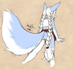 anthro blue_body blue_fur bottomwear braided_hair clothed clothing female female_anthro fur genitals hair low-angle_view pussy simple_background skirt solo standing tail tail_under_skirt upskirt white_body white_fur white_hair blokfort kalta_(blokfort) canid canine fennec_fox fox mammal true_fox 2023 hi_res sketch