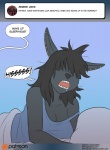 anthro anubian_jackal ask_blog breasts canid canine canis clothed clothing conditional_dnp dialogue digital_media_(artwork) english_text female fur hair hissing jackal kadath mammal nightshade_(kadath) off_shoulder open_mouth pillow solo speech_bubble text tumblr url user_avatar