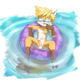 anthro areola balls beverage biped black_markings black_nose blonde_hair cheek_tuft container cup digitigrade dipstick_tail drinking drinking_glass eyebrows eyewear eyewear_only facial_tuft floating fluffy fluffy_tail genitals glans glass glass_container glass_cup gloves_(marking) hair half-erect holding_beverage holding_object humanoid_genitalia humanoid_penis leg_markings looking_at_viewer lying male markings navel nipples nude on_back outside penis pool_float short_hair socks_(marking) solo sunglasses sunglasses_on_face sunglasses_only tail tail_markings tuft water wearing_sunglasses wet young young_anthro young_male galo tycloud canid canine fox mammal 2025 absurd_res hi_res