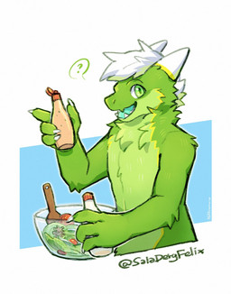 anthro arm_tuft blue_tongue bottle cheek_tuft chest_tuft claws container elbow_tuft facial_tuft fangs fur glistening glistening_eyes green_body green_eyes green_fur hair happy holding_bottle holding_container holding_object horn looking_at_viewer male neck_tuft nude open_mouth open_smile shoulder_tuft simple_background smile solo teeth three-quarter_view tongue tuft unsigned white_claws white_hair white_horn asnnonaka mythology dragon furred_dragon furred_scalie mythological_creature mythological_scalie scalie half-length_portrait hi_res portrait