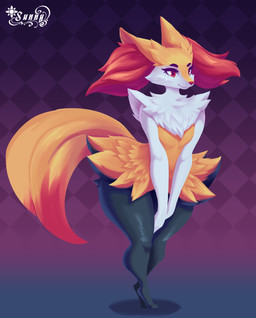 anthro breasts digitigrade female fluffy_ears neck_tuft red_eyes simple_background small_breasts solo standing tail thick_thighs tuft sunny_draconis nintendo pokemon braixen generation_6_pokemon pokemon_(species) digital_media_(artwork) hi_res
