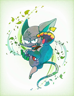 clothed clothing gloves handwear leaf male open_mouth sharp_teeth smile solo teeth wind miyotomori mad_rat_dead nippon_ichi_software mad_rat_(mad_rat_dead) mammal murid murine rat rodent hi_res