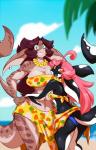anthro beach big_breasts bikini black_body breasts calypso_(chalo) cetacean chalo cleavage clothed clothing detailed_background dolphin duo embrace female fish fur hair hi_res hug huge_breasts las_lindas long_hair looking_at_viewer mammal marine oceanic_dolphin open_mouth orange_eyes orca outside pink_hair sand sarong sea seaside shark sky smile swimwear toothed_whale water white_body xeánica