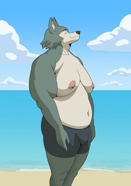 anthro beach belly big_moobs bulge clothing fat_arms huge_moobs male moobs nipples overweight overweight_male solo swimming_trunks swimwear buxim beastars legoshi_(beastars) canid canine canis mammal wolf absurd_res hi_res