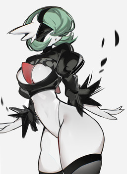 black_clothing bodysuit clothing cosplay face_covered female green_hair hair one_eye_obstructed skinsuit solo tight_clothing white_body white_bodysuit white_clothing white_skinsuit chunniwa nier_automata nintendo platinumgames pokemon yorha_2b gardevoir generation_3_pokemon humanoid pokemon_(species) absurd_res hi_res