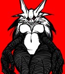 anthro big_breasts black_sclera breasts cheek_tuft chest_tuft facial_markings facial_tuft featureless_crotch female front_view fur grey_body grey_fur head_markings looking_at_viewer low-angle_view markings navel nipple_outline red_background red_eyes scary simple_background smile solo striped_body stripes thick_thighs tuft white_body white_fur wide_hips worm's-eye_view scared_bum kon_(scared_bum) ghost sleep_paralysis_demon spirit