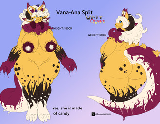 4_ears anthro areola big_areola big_breasts big_butt big_nipples blue_eyes breasts brown_body butt chest_tuft female food freckles hair horn huge_areola multi_ear multicolored_body nipples pink_hair slightly_chubby slightly_chubby_anthro slightly_chubby_female solo text thick_thighs tuft white_body white_hair yellow_body zortrex mythology vana-ana_(zortrex) dragon food_creature mythological_creature mythological_scalie scalie absurd_res english_text hi_res