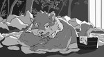 anthro bathing eyebrows hot_spring looking_at_viewer male muscular muscular_arms nude one_eye_closed outdoor_bath outside plant scar solo thick_eyebrows towel tree water wink yed lifewonders tokyo_afterschool_summoners moritaka_(tas) canid canine canis domestic_dog mammal hi_res monochrome