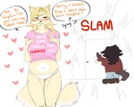 anthro biped breasts brown_hair clothing door duo ear_piercing female fur hair heart_symbol lying markings mole_(marking) mommy_kink navel orange_text panties piercing pink_clothing pink_shirt pink_t-shirt pink_topwear red_clothing red_shirt red_topwear shirt simple_background slamming speech_bubble standing t-shirt text topwear underwear white_background yellow_body yellow_fur sepulturegirl magdalaene_(sepulturegirl) sophia_(sepulture_girl) canid canine canis mammal wolf 5:4 hi_res trans_(lore) trans_woman_(lore)