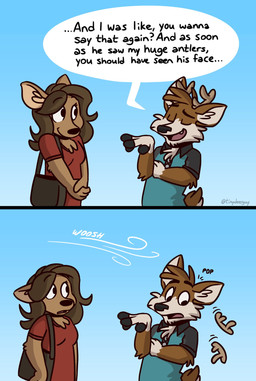 anthro antlers black_clothing black_nose black_shirt black_topwear blue_background blue_clothing blue_shirt blue_topwear bragging brown_body brown_fur brown_hair clasped_hands clothing collared_shirt dialogue duo eyelashes female fingers fur gradient_background hair hooved_fingers hooves horn humor male open_mouth polo_shirt purse red_clothing red_shirt red_topwear shirt simple_background smile sound_effects tan_body tan_fur teeth_showing text tongue_showing topwear wind tinydeerguy darwin_(tinydeerguy) deer mammal comic english_text hi_res