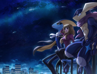 anthro biped blush bottomwear breasts clothed clothed_anthro clothed_female clothed_human clothed_male clothing feet female fingers fully_clothed fully_clothed_female fully_clothed_human group hair male night outside sitting smile teeth toes tongue topwear trio donutella nintendo pokemon generation_6_pokemon generation_8_pokemon greninja human inteleon mammal pokemon_(species) 2025 absurd_res digital_drawing_(artwork) digital_media_(artwork) hi_res