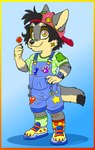 1980s_theme 1990s_theme alternative_fashion anthro band-aid bandage clock clothing decora_(fashion) footwear hat headgear headwear j-fashion kidcore male overalls shoes sneakers solo sticker watch young young_anthro zooshi zoocub canid canine canis mammal wolf 2023 absurd_res colorful_theme hi_res