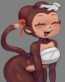 ambiguous_gender anthro barely_visible_genitalia barely_visible_vulva big_breasts biped blush bottomless breasts brown_body butt clothed clothing duo eyelashes eyes_closed female female_focus genitals open_mouth simple_background smile solo_focus thick_thighs three-quarter_view vulva nebssik haplorhine mammal monkey primate