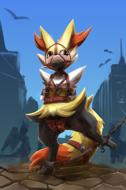 anthro bdsm bit_gag blush bodily_fluids bondage bound bridle captured chain chained chastity_belt chastity_device female feral gag genital_fluids hands_behind_back harness restraints rope rope_bondage rope_harness solo urine vaginal_fluids wetting yonic_chastity_device fadingsky nintendo pokemon braixen generation_6_pokemon pokemon_(species) absurd_res hi_res