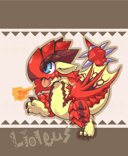 ambiguous_feral ambiguous_gender blue_eyes breath_powers chibi claws elemental_manipulation feral fire fire_breathing fire_manipulation membrane_(anatomy) membranous_wings open_mouth raised_leg simple_background solo spiked_tail spikes spikes_(anatomy) tail text walking wing_claws wings mukomizu capcom european_mythology monster_hunter mythology dragon flying_wyvern mythological_creature mythological_scalie rath_wyvern rathalos scalie western_dragon wyvern 2013 full-length_portrait portrait species_name