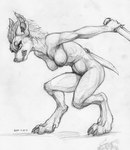 4_fingers 4_toes action_pose anthro athletic athletic_female breasts crouching dagger digitigrade feet female fingers holding_dagger holding_melee_weapon holding_object holding_weapon looking_aside medium_breasts melee_weapon mohawk nails navel nude pose sharp_teeth snarling solo teeth toes weapon ecmajor blizzard_entertainment warcraft canid mammal werecanid werecreature worgen 2014 dated graphite_(artwork) hi_res monochrome signature sketch traditional_media_(artwork)